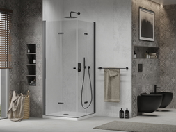 Mexen Lima Сгъваема душ кабина Duo 100 x 100 см, прозрачна, черна + Flat поддушово
