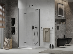 Mexen Лима сгъваем душ кабината 90 x 90 см, прозрачна, черна + плочка Flat, бяла - 856-090-090-70-00-4010B