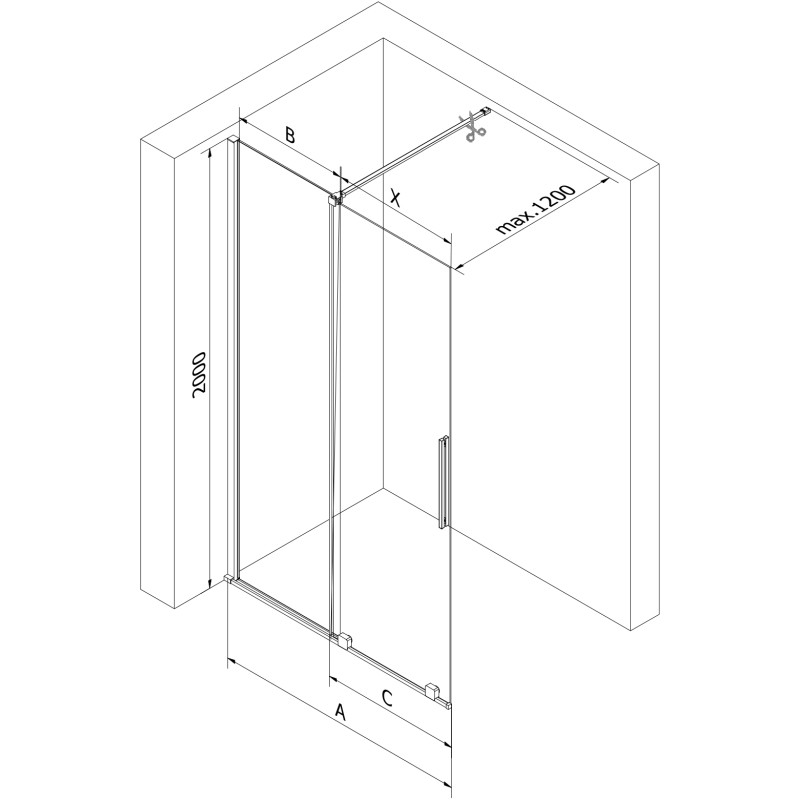 Mexen Velar плъзгаща се душ стена Walk-in 140 x 200 см, прозрачно 8 мм, пистолетно