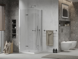 Mexen Lima Duo сгъваща душ кабина 80 x 80 см, прозрачна, хром + подов тръбопровод Flat - 856-080-080-01-02-4010