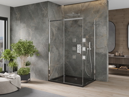 Mexen Omega плъзгаща се душ кабина 120 x 80 см, прозрачна, хромирана + корито Flat,