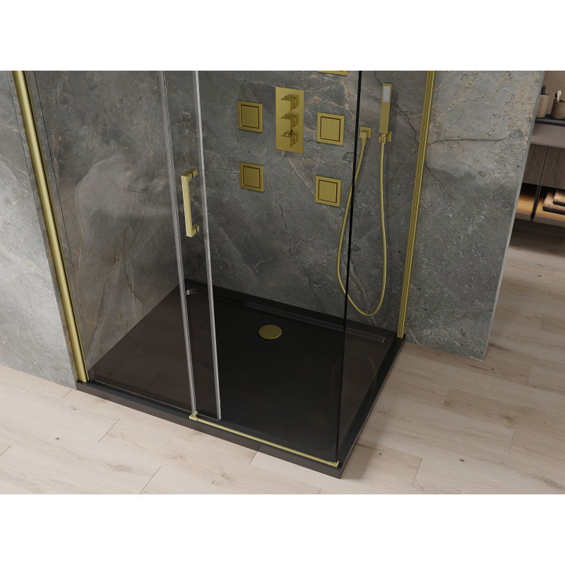 Mexen Omega плъзгаща се душ кабина 100 х 90 см, прозрачна, златна + корито Flat,