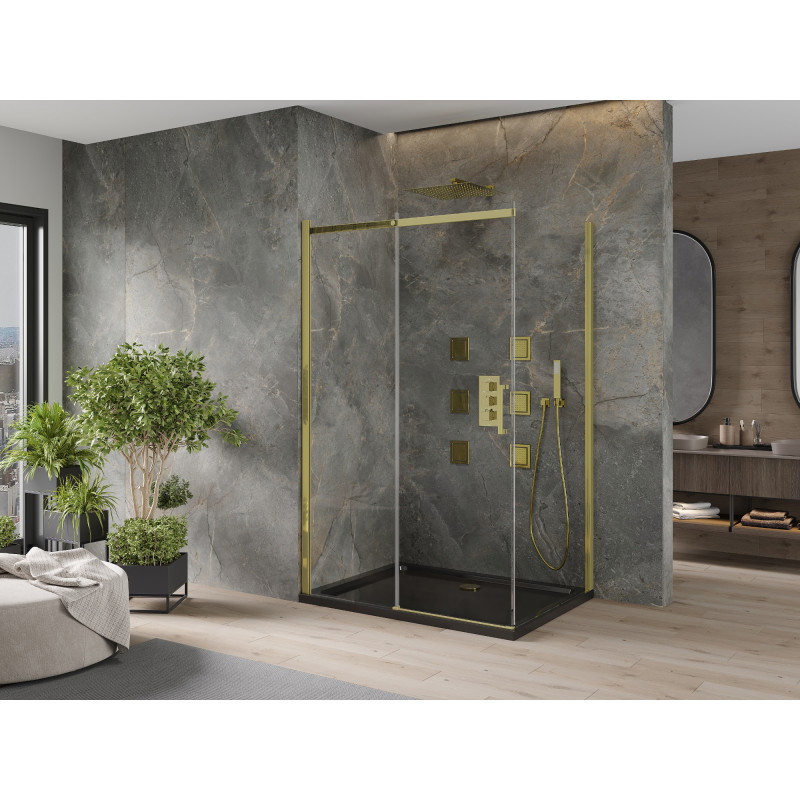 Mexen Omega плъзгаща се душ кабина 120 x 90 см, прозрачна, златна + корито Flat,