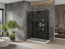 Mexen Omega плъзгаща се душ кабина 140 x 80 см, графит, хром + бял душ поддон Flat - 825-140-080-01-40-4010