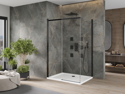 Mexen Omega плъзгаща се душ кабина 100 x 80 см, прозрачна, черна + плоско корито,