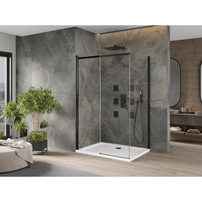 Mexen Omega плъзгаща се душ кабина 110 x 100 см, прозрачна, черна + тава Flat, бяла