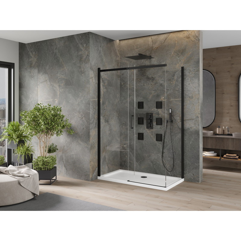 Mexen Omega плъзгаща се душ кабина 130 x 70 см, прозрачна, черна + корито Flat,