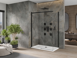 Mexen Omega плъзгаща се душ кабина 130 x 70 см, прозрачна, черна + корито Flat,