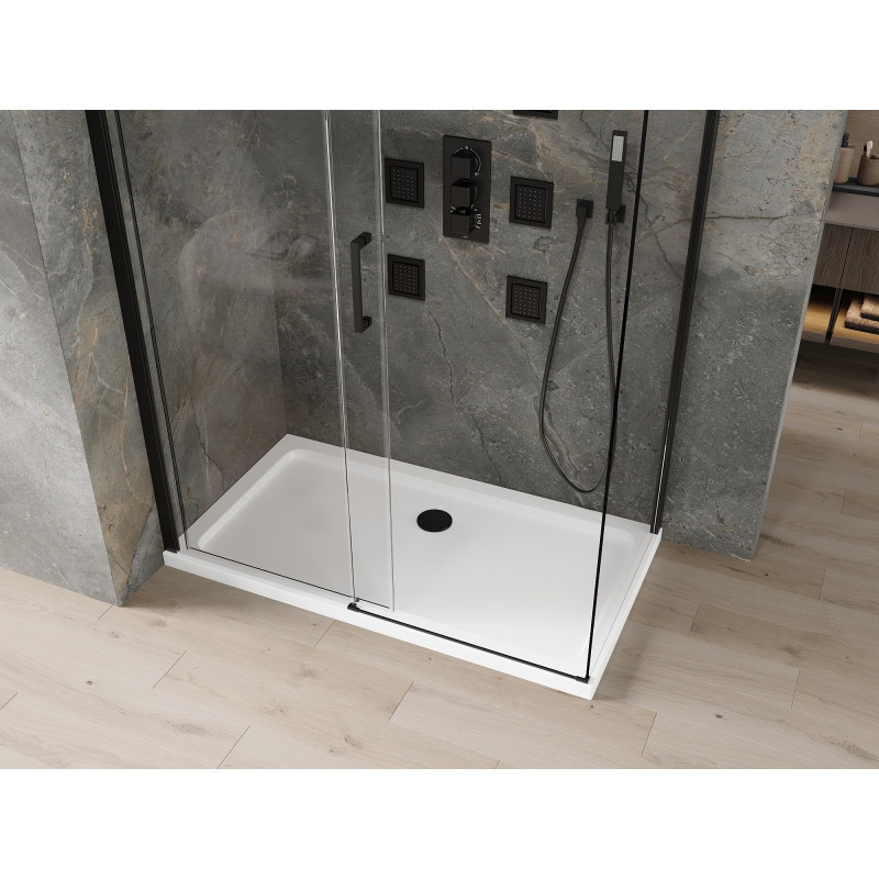 Mexen Omega плъзгаща се душ кабина 130 x 70 см, прозрачна, черна + корито Flat,