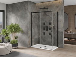 Mexen Omega душ кабина с плъзгащи се врати 140 x 80 см, прозрачна, черна + подложка Flat, бяла - 825-140-080-70-00-4010B