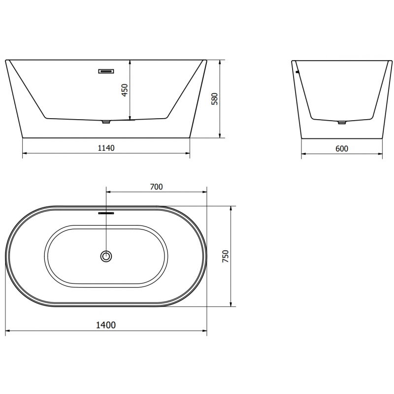Mexen Luna свободностояща вана 140 x 75 cm, бяла/черна, преливник от четкан никел - 52031407575-97