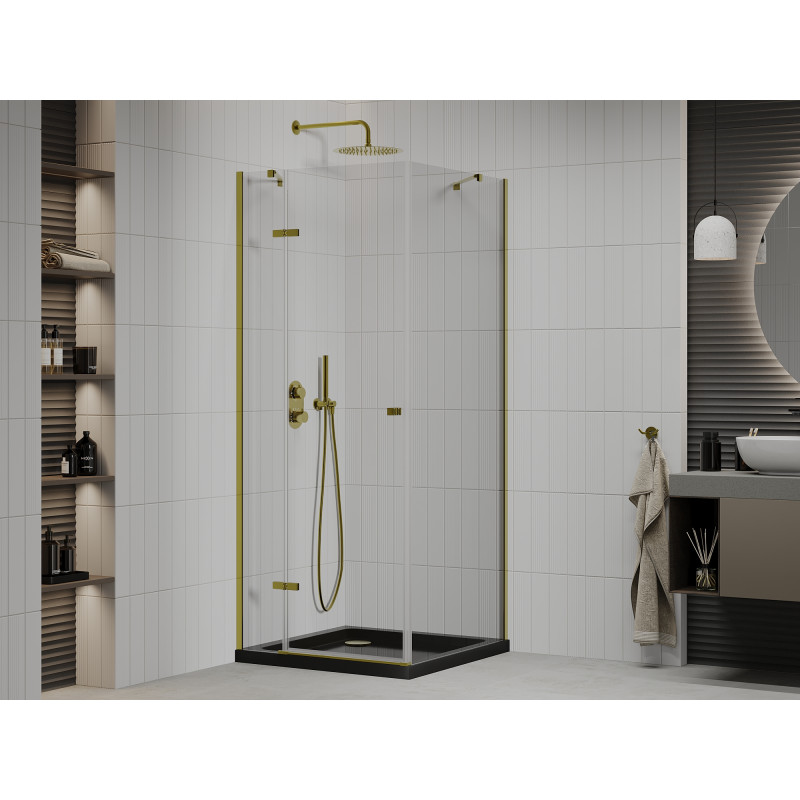 Mexen Roma душ кабина с врати 80 x 80 см, прозрачна, злато + поддушово корито