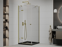 Mexen Roma душ кабина с отваряне 80 x 80 см, прозрачен, златен + поддържка Flat, черен - 854-080-080-50-00-4070G