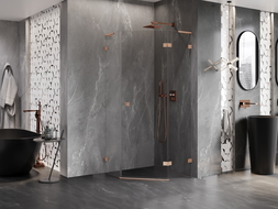 Mexen Lunar L петстранна душ кабина с врата на панти дясна 80 x 80 см, прозрачна, четкана мед - 831L-080P-080L-65-00-P