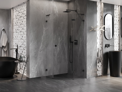 Mexen Lunar L петстранна душ кабина с панта, дясна 90 x 90 см, прозрачна, черна - 831L-090P-090L-70-00-P