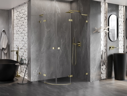 Mexen Lunar L правоъгълна душ кабина, врата 90 x 80 см, прозрачна, златисто четкана - 833L-090P-080L-55-00