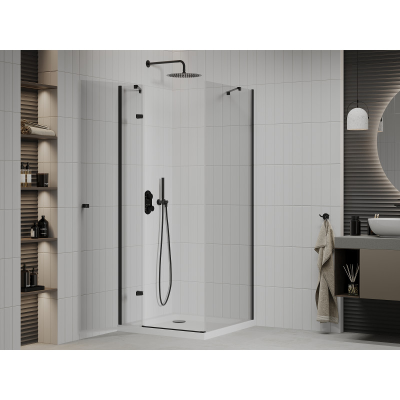 Mexen Roma отваряща се душ кабина 90 x 90 см, прозрачна, черна + корито Flat, бяло
