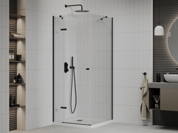 Mexen Roma кабина за душ с отваряеми врати 90 x 90 см, прозрачна, черна + корито Flat, бяло - 854-090-090-70-00-4010B