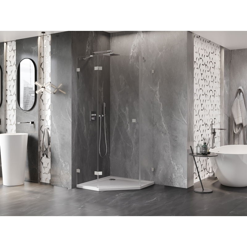 Mexen Lunar петстенна душ кабина с панта отляво 90 x 90 см, прозрачна, четкан никел - 831-090L-090P-97-00-L