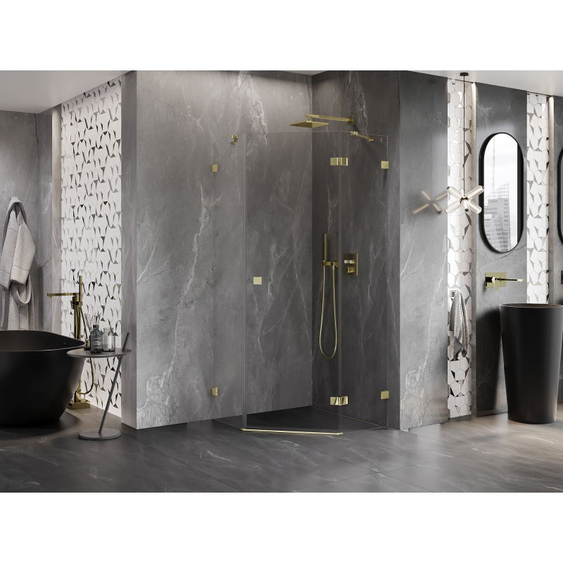 Mexen Lunar петостенна душ кабина с врата, дясна, 90 x 90 см, прозрачна, златна - 831-090P-090L-50-00-P