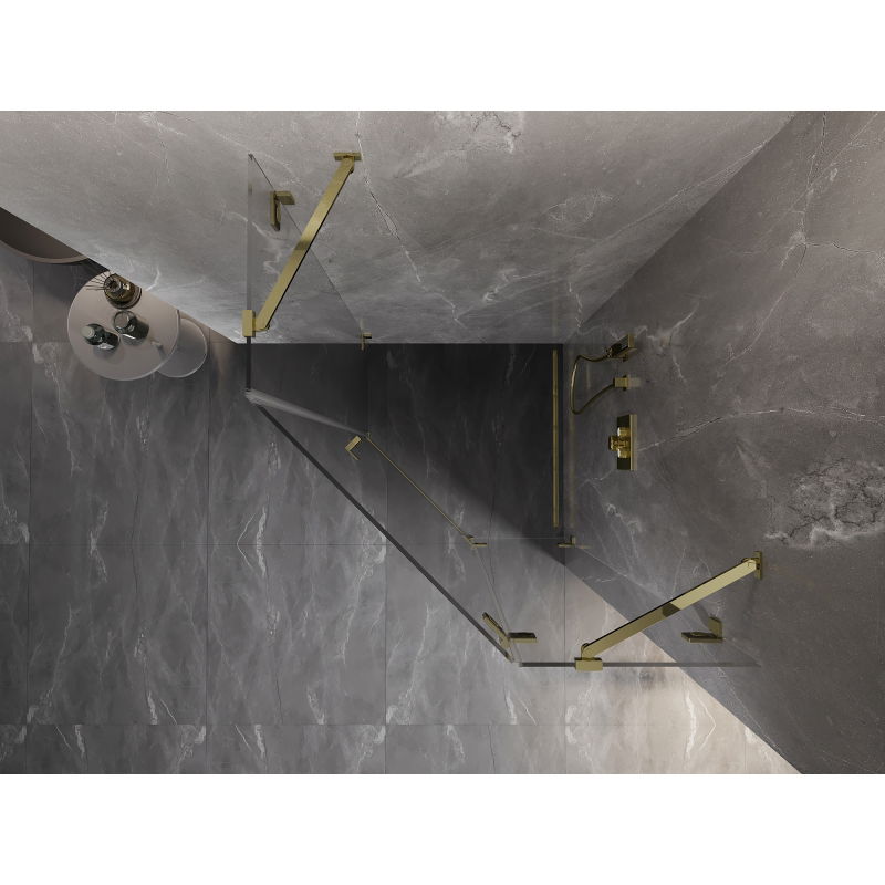 Mexen Lunar петостенна душ кабина с десен отварящ се панел 100 x 100 см, прозрачна, златиста - 831-100P-100L-50-00-P