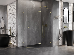 Mexen Lunar петстенна правоъгълна душ кабина 100 x 80 см, прозрачна, злато матово - 831-100P-080L-55-00-P