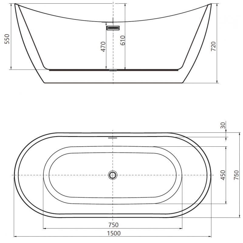 Mexen Lotos самостоятелна вана 150 x 75 см, бяла, преливник gun metal - 52051507700-95