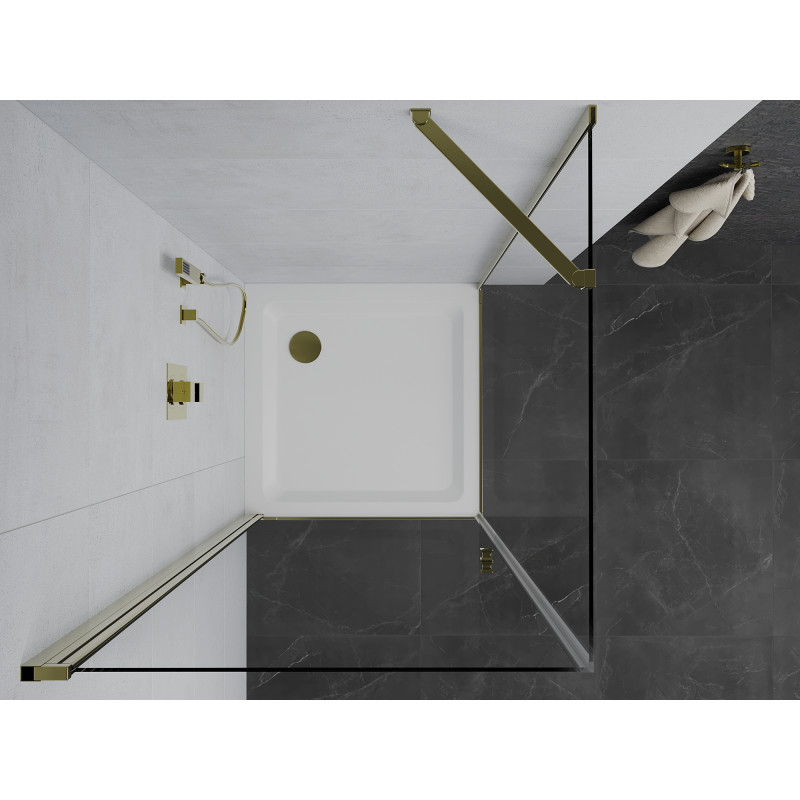 Mexen Pretoria отваряема душ кабина 80 x 80 см, прозрачна, златна + корито Flat