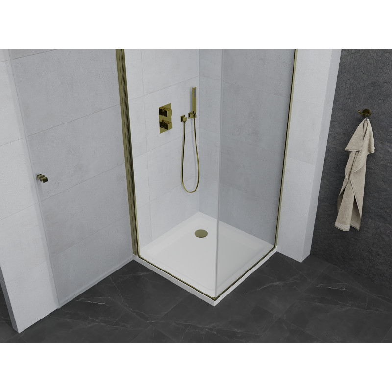 Mexen Pretoria отваряема душ кабина 80 x 80 см, прозрачна, златна + корито Flat
