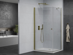 Mexen Pretoria душ кабина отваряема 90 x 80 см, прозрачна, златна + подложка Flat - 852-090-080-50-00-4010