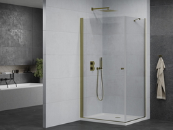Mexen Pretoria душ кабина отваряне 90 x 100 см, прозрачно, златно + под душ Flat - 852-090-100-50-00-4010