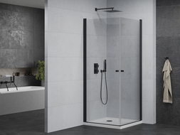 Mexen Pretoria Duo душ кабина отваряема 90 x 90 см, прозрачна, черна + поддън Flat - 852-090-090-70-02-4010B