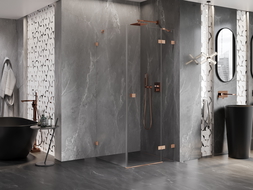 Mexen Lunar душ кабина с панти, дясна, 80 x 80 см, прозрачно стъкло, четкана мед - 834-080-080-65-00-P