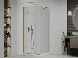 Mexen Roma душ кабина отваряема 70 x 70 см, прозрачна, златиста + корито Flat - 854-070-070-50-00-4010