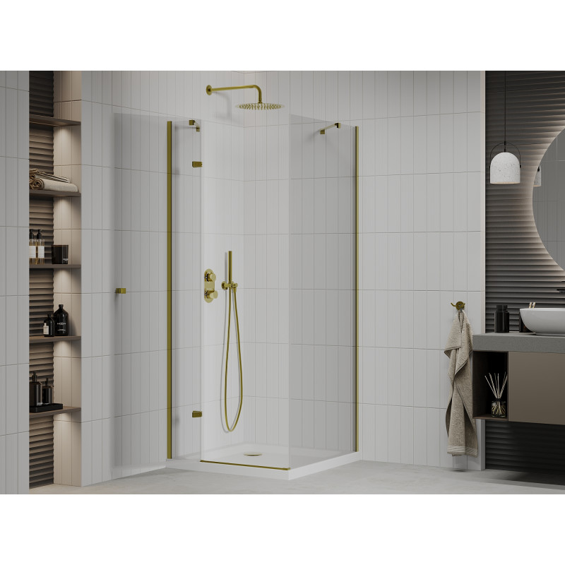 Mexen Roma отваряема душ кабина 90 x 90 см, прозрачна, златно + корито Flat