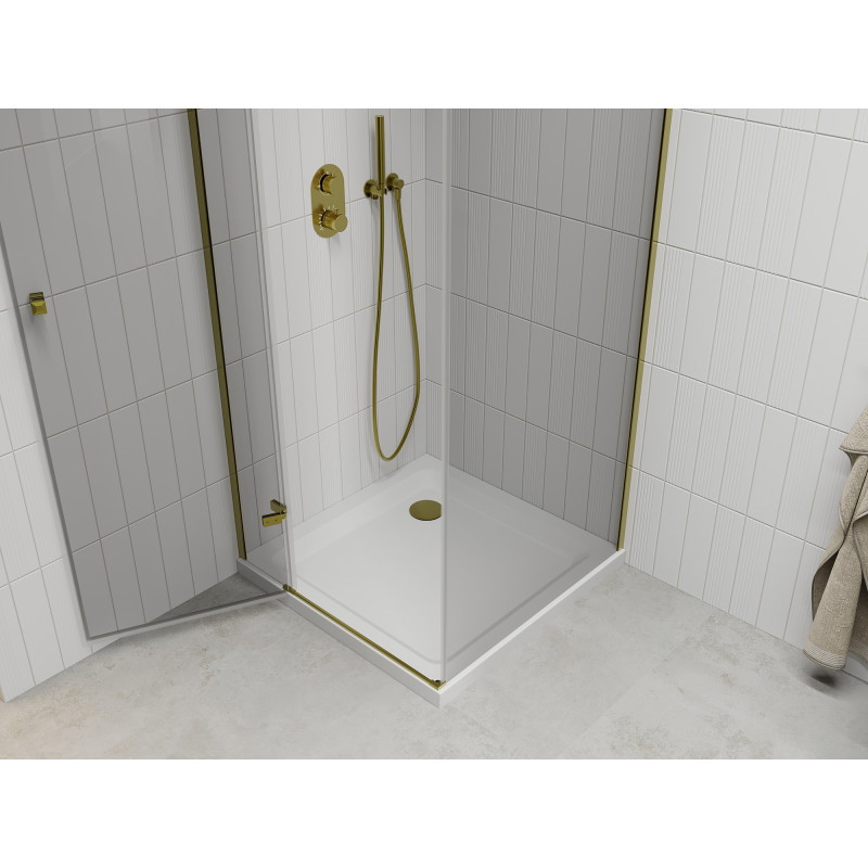 Mexen Roma отваряема душ кабина 90 x 90 см, прозрачна, златно + корито Flat