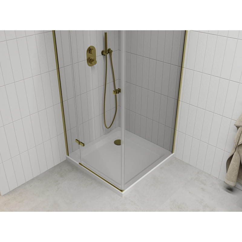 Mexen Roma отваряема душ кабина 90 x 90 см, прозрачна, златно + корито Flat