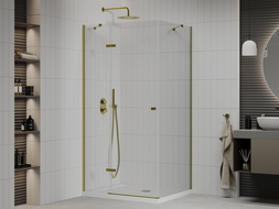 Mexen Рома душ кабина с отваряне 70 x 80 см, прозрачен, златен + душ кошница Flat - 854-070-080-50-00-4010