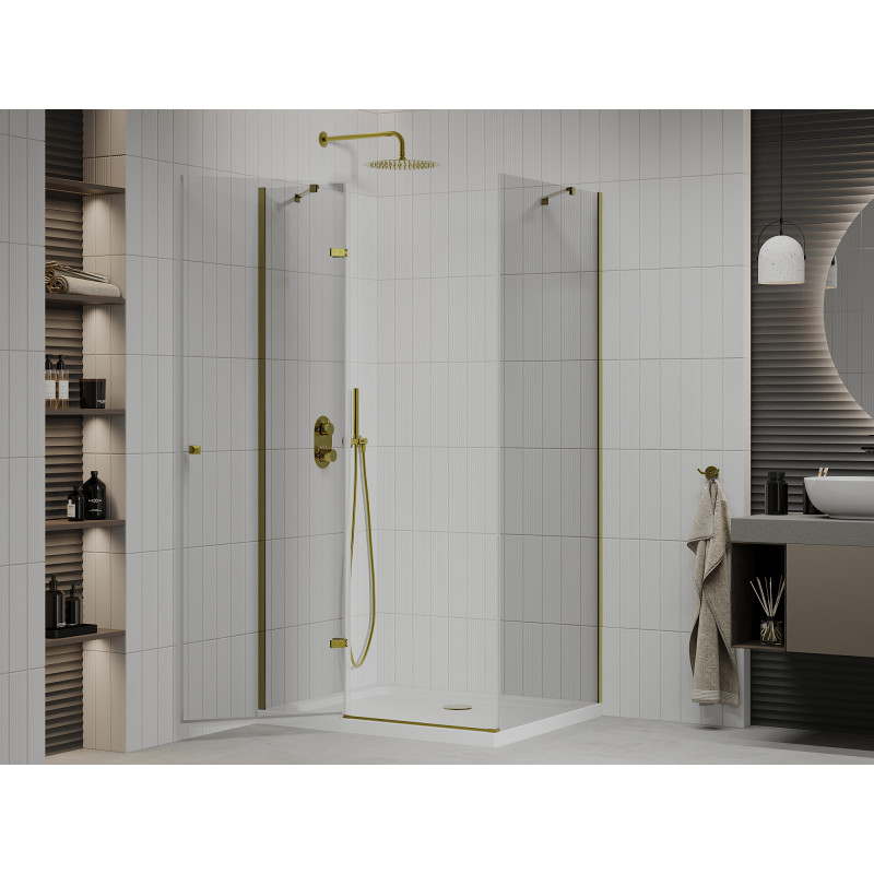 Mexen Roma отваряща се душ кабина 120 x 90 см, прозрачна, златна + корито Flat