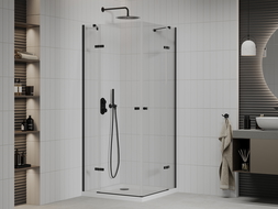 Mexen Roma Duo душ кабина с отваряща се врата 80 x 80 см, прозрачна, черна + корито Flat - 854-080-080-70-02-4010B