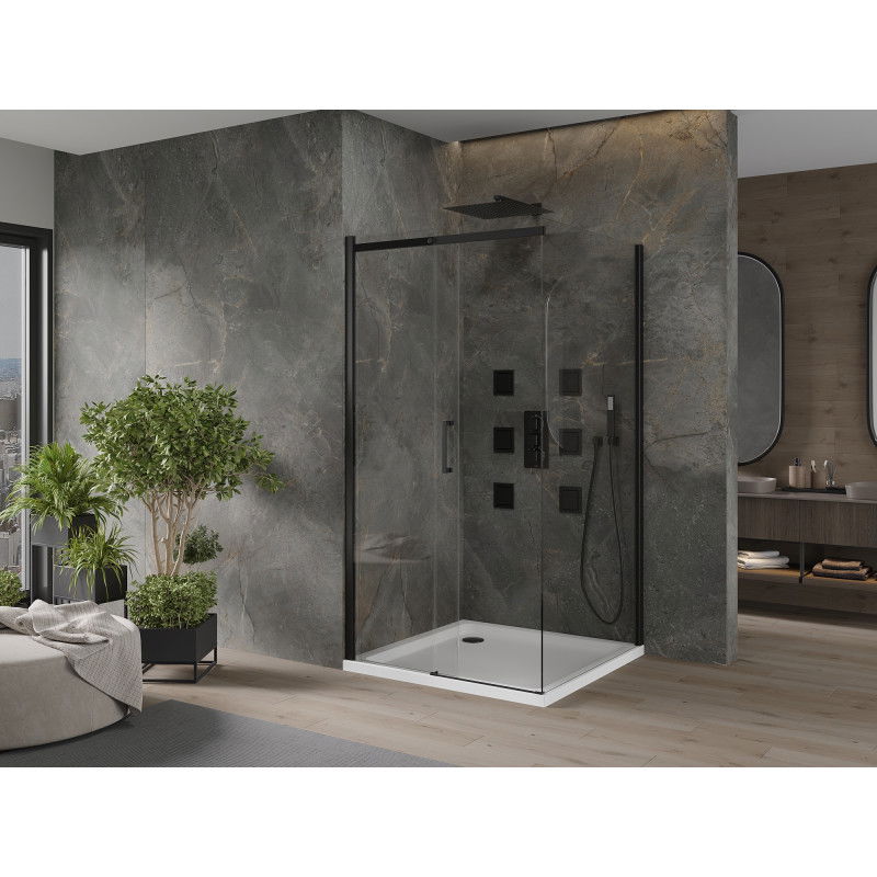 Mexen Omega плъзгаща се душ кабина 100 x 100 см, прозрачна, черна + тава Flat, бяла - 825-100-100-70-00-4010B