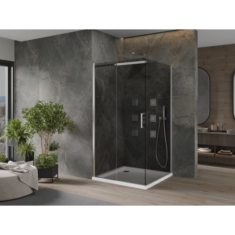 Mexen Omega плъзгаща се душ кабина 100 x 100 см, графит, хром + корито Flat, бял