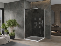 Mexen Omega плъзгаща се душ кабина 100 x 100 см, графит, хром + корито Flat, бял