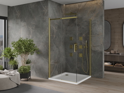 Mexen Omega душ кабина с плъзгаща врата 100 x 100 см, прозрачна, златна + подова основа Flat - 825-100-100-50-00-4010