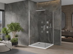 Mexen Omega плъзгаща се душ кабина 100 x 100 см, прозрачна, хром + корито Flat