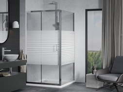 Mexen Apia плъзгаща душ кабина 100 x 100 см, бели ивици, хром + корито Flat - 840-100-100-01-20-4010
