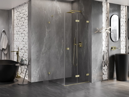 Mexen Lunar-F сгъваема дясна душ кабина 90 x 90 cm, прозрачна, златисто четкована - 836-090-090-55-00-P