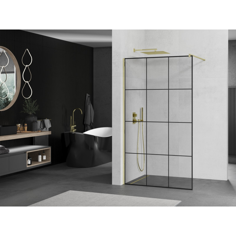 Mexen Kioto душ стена Walk-in 110 x 200 см, черни квадрати 8 мм, златна - 800-110-101-50-77