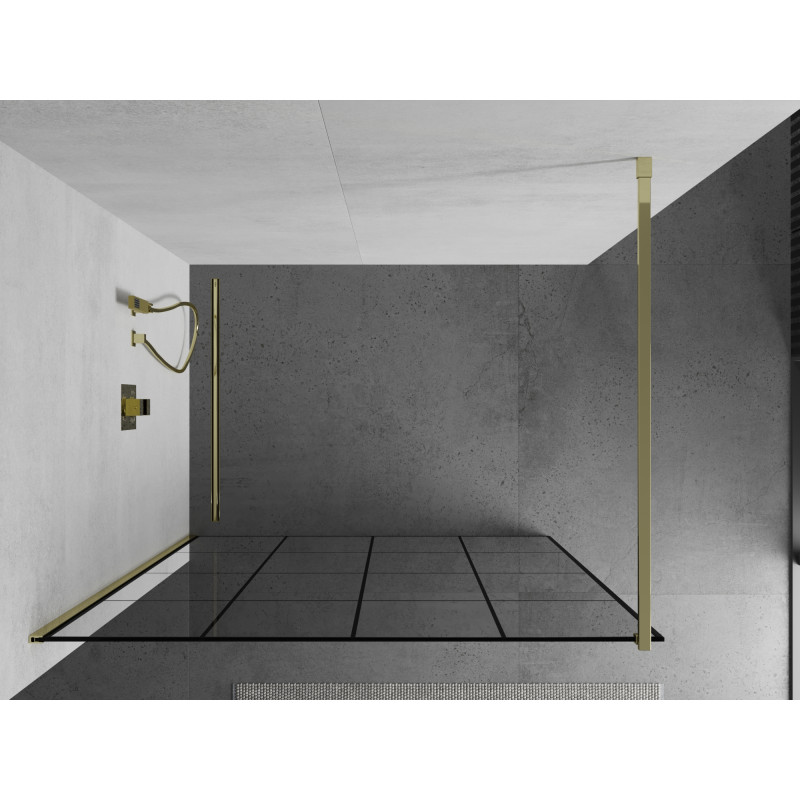 Mexen Kioto стенна преграда за душ Walk-in 140 x 200 см, черна решетка 8 мм, златна