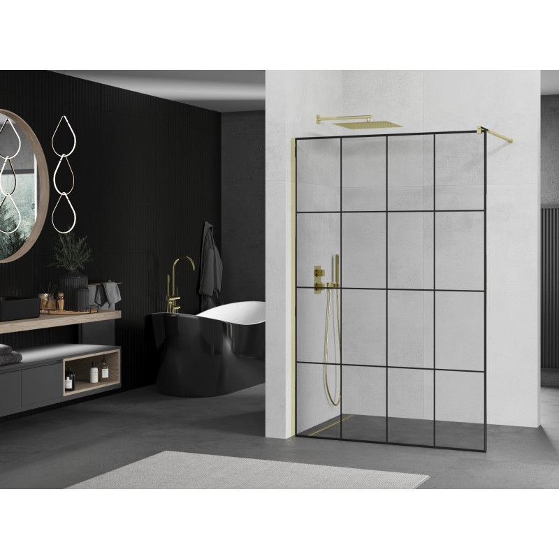 Mexen Kioto стенна преграда за душ Walk-in 140 x 200 см, черна решетка 8 мм, златна